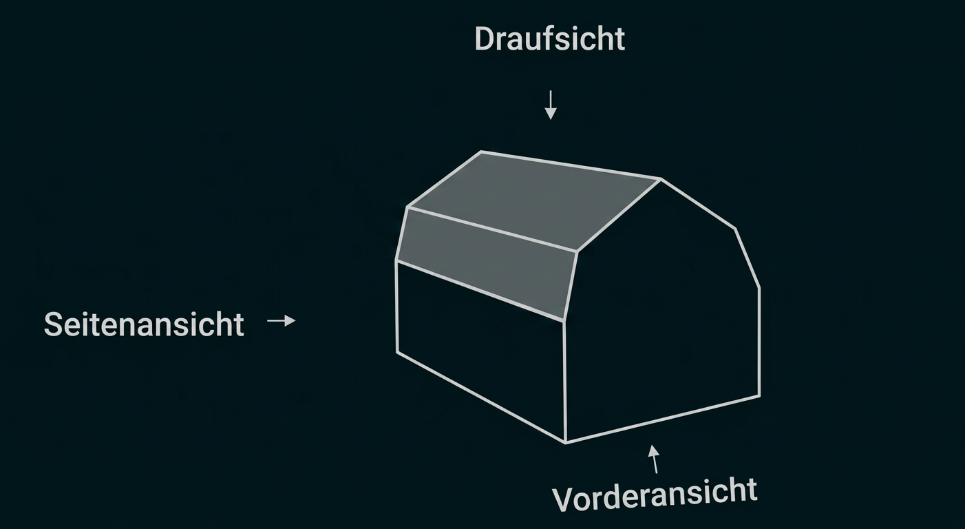 Schematische Darstellung eines Körpers mit Draufsicht, Seitenansicht und Vorderansicht.